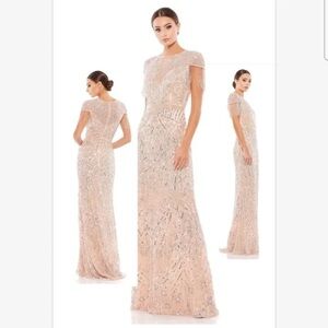 Embellished Fringe Cap Sleeve Trumpet Gown